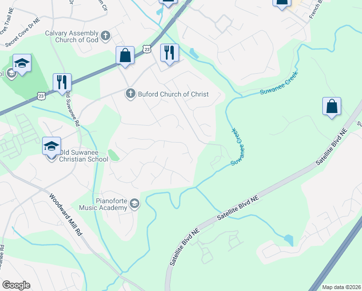 map of restaurants, bars, coffee shops, grocery stores, and more near 3795 Suwanee Mill Drive Northeast in Buford
