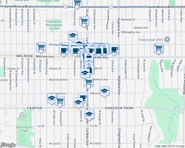 map of restaurants, bars, coffee shops, grocery stores, and more near 525 North Sycamore Avenue in Los Angeles