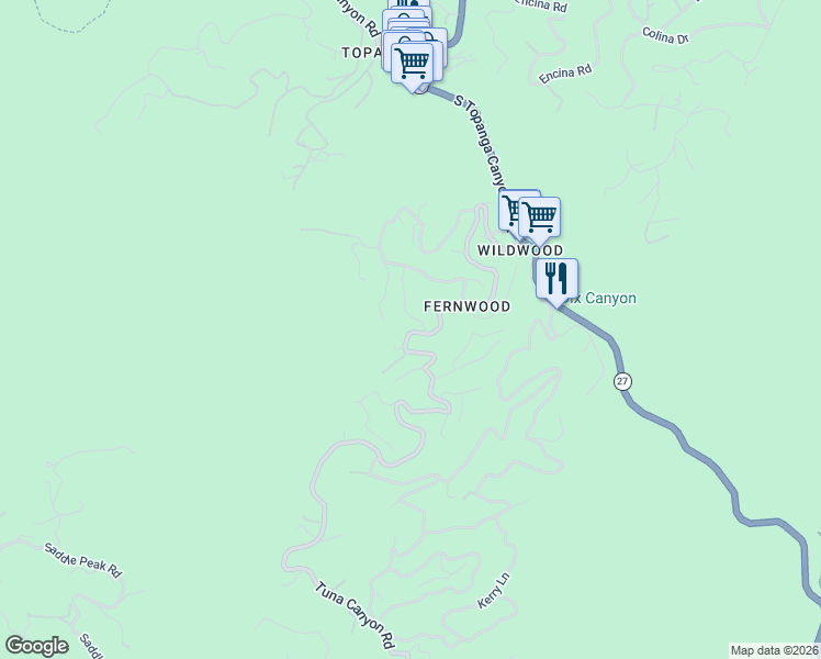 map of restaurants, bars, coffee shops, grocery stores, and more near 816 Basin Drive in Topanga