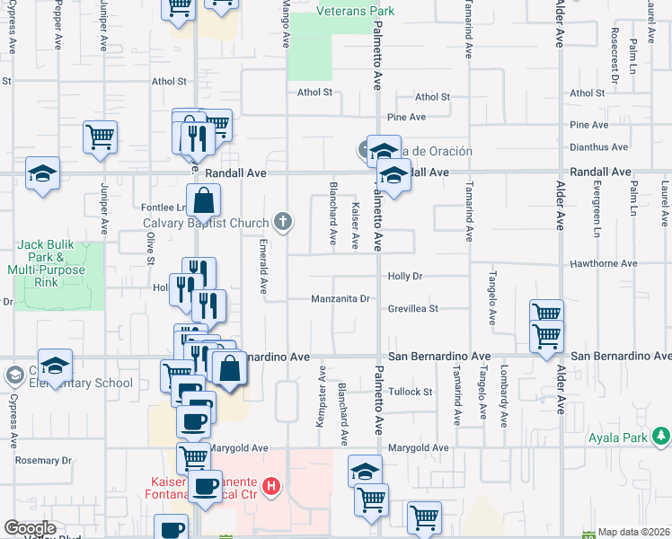 map of restaurants, bars, coffee shops, grocery stores, and more near 17203 Hawthorne Avenue in Fontana