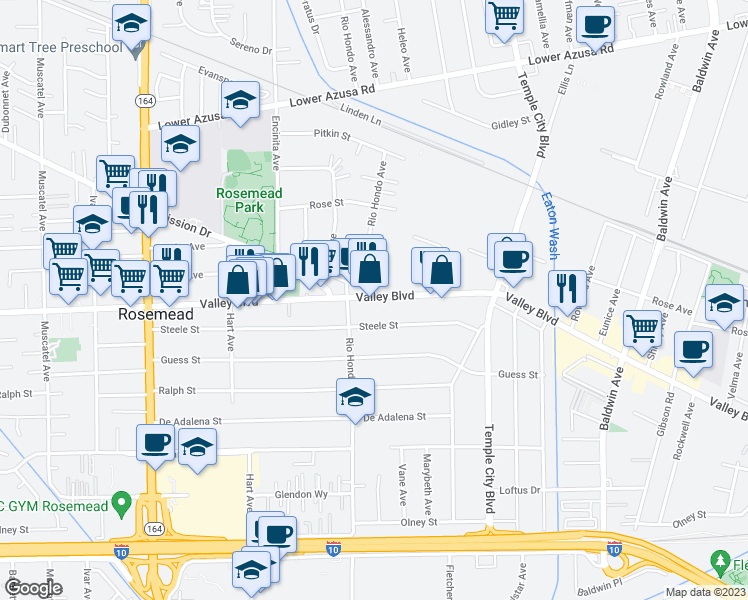 map of restaurants, bars, coffee shops, grocery stores, and more near 9432 Valley Boulevard in Rosemead