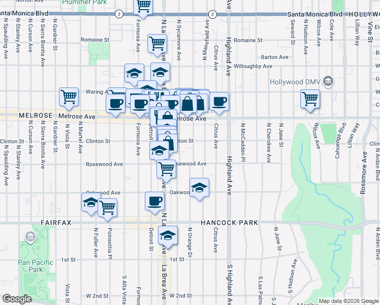 map of restaurants, bars, coffee shops, grocery stores, and more near 540 North Sycamore Avenue in Los Angeles