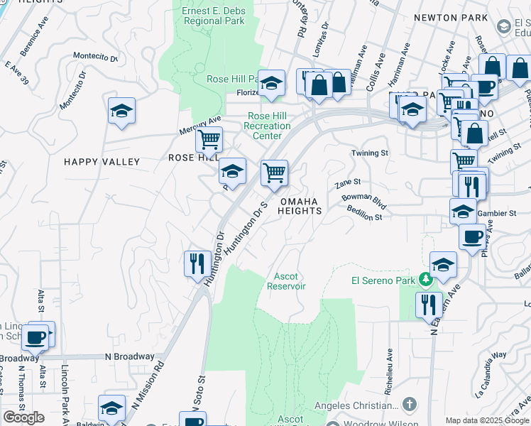 map of restaurants, bars, coffee shops, grocery stores, and more near 4380 Huntington Drive in Los Angeles