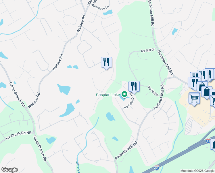 map of restaurants, bars, coffee shops, grocery stores, and more near 3252 Camens Way Northeast in Buford