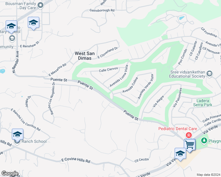 map of restaurants, bars, coffee shops, grocery stores, and more near 1656 Avenida Loma Vista in San Dimas