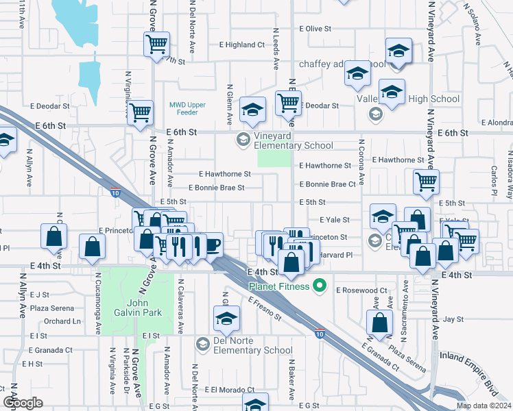 map of restaurants, bars, coffee shops, grocery stores, and more near 1512 East 5th Street in Ontario