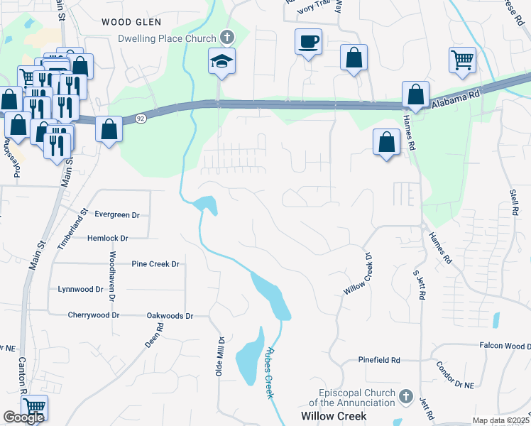 map of restaurants, bars, coffee shops, grocery stores, and more near 4999 Willow Creek Drive in Woodstock