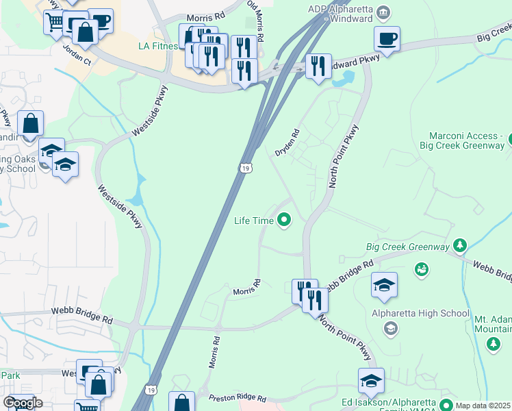 map of restaurants, bars, coffee shops, grocery stores, and more near 12380 Morris Road in Alpharetta