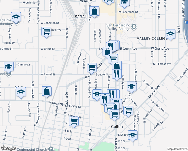 map of restaurants, bars, coffee shops, grocery stores, and more near 1414 North Bordwell Avenue in Colton