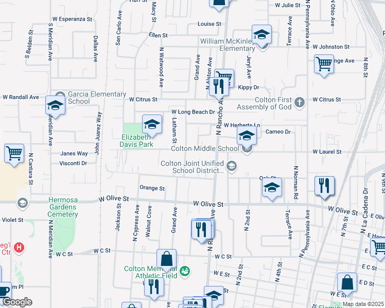 map of restaurants, bars, coffee shops, grocery stores, and more near 1300 North Tejon Avenue in Colton