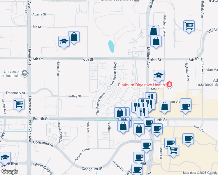 map of restaurants, bars, coffee shops, grocery stores, and more near The Resort Parkway in Rancho Cucamonga