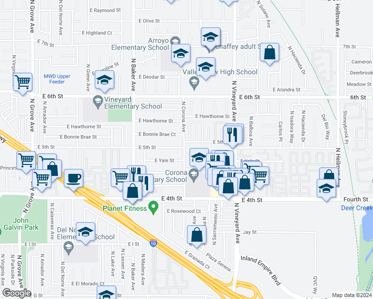 map of restaurants, bars, coffee shops, grocery stores, and more near 1762 East 5th Street in Ontario