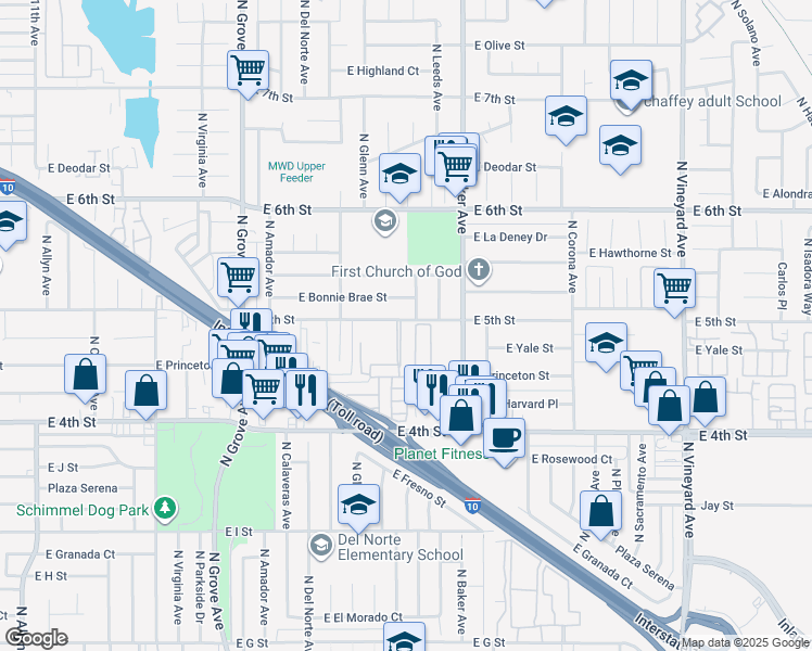 map of restaurants, bars, coffee shops, grocery stores, and more near 1505 East 5th Street in Ontario