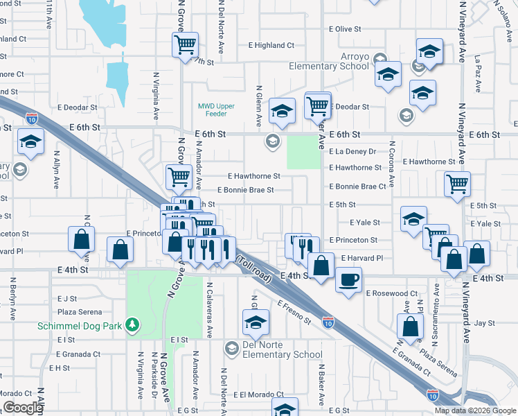 map of restaurants, bars, coffee shops, grocery stores, and more near 1456 East 5th Street in Ontario