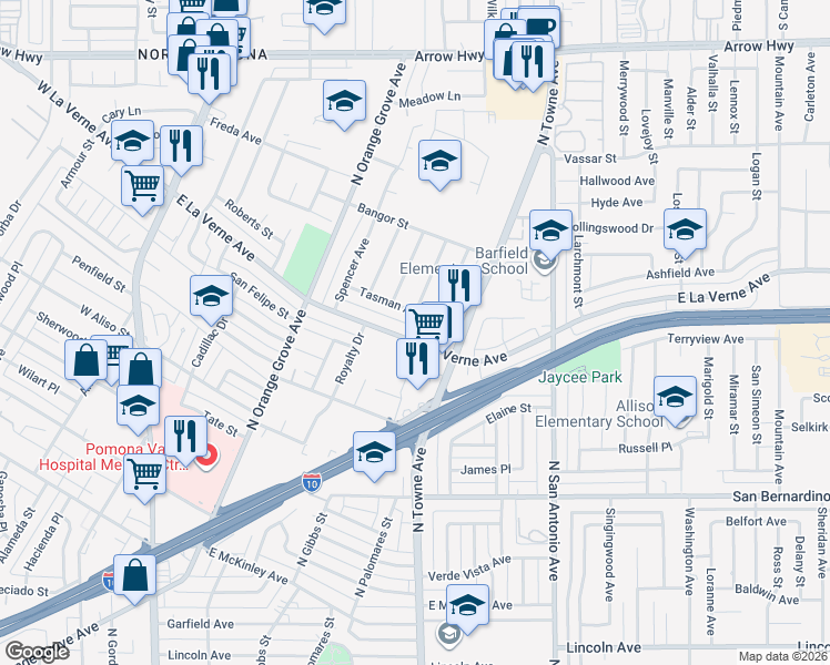 map of restaurants, bars, coffee shops, grocery stores, and more near 514 Tasman Avenue in Pomona
