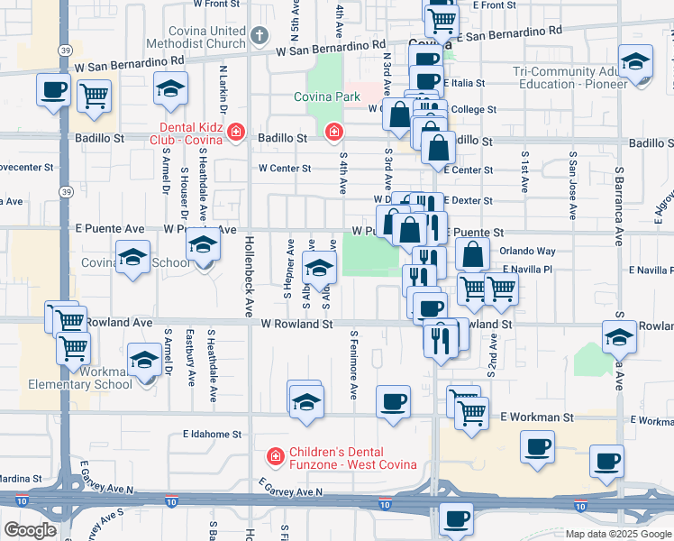 map of restaurants, bars, coffee shops, grocery stores, and more near 451 South Aldenville Avenue in Covina