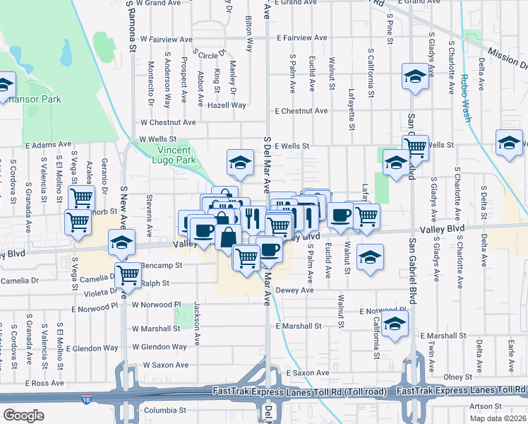 map of restaurants, bars, coffee shops, grocery stores, and more near 1516 Del Mar Avenue in San Gabriel