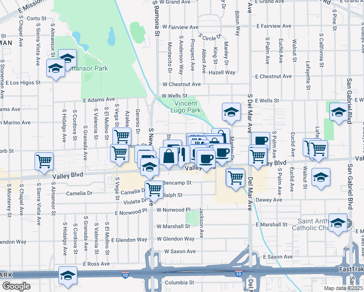 map of restaurants, bars, coffee shops, grocery stores, and more near 1515 Prospect Avenue in San Gabriel