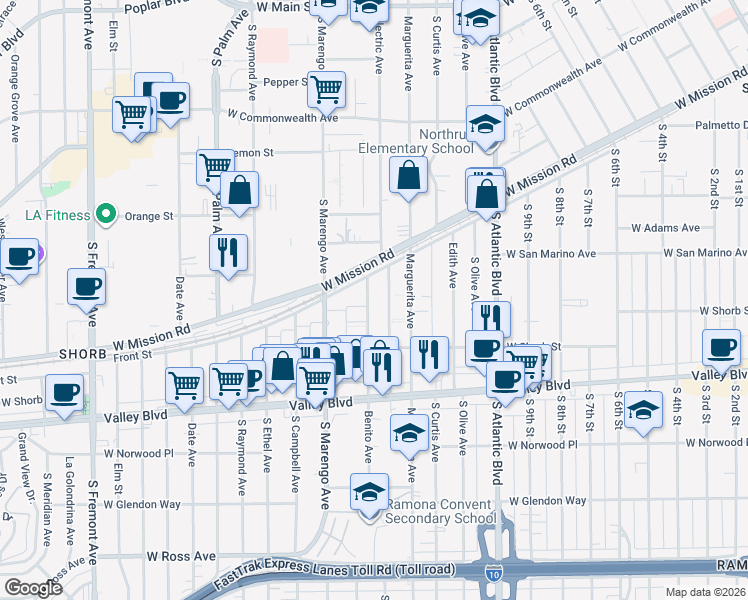 map of restaurants, bars, coffee shops, grocery stores, and more near 910 Benito Avenue in Alhambra
