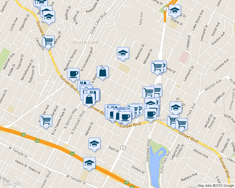 map of restaurants, bars, coffee shops, grocery stores, and more near 1330 Coronado Terrace in Los Angeles