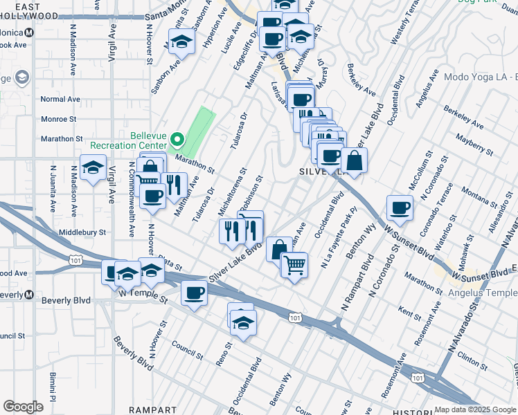 map of restaurants, bars, coffee shops, grocery stores, and more near 746 Robinson Street in Los Angeles