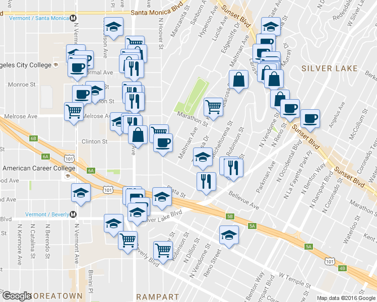 map of restaurants, bars, coffee shops, grocery stores, and more near 647 Maltman Avenue in Los Angeles