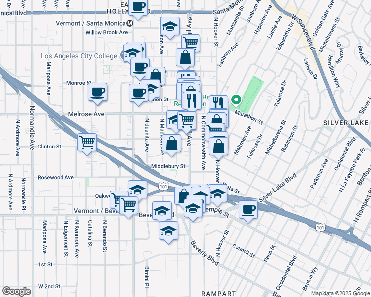 map of restaurants, bars, coffee shops, grocery stores, and more near 565 North Virgil Avenue in Los Angeles