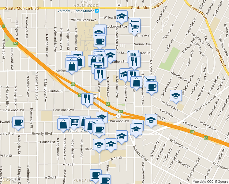 map of restaurants, bars, coffee shops, grocery stores, and more near 4014 Clinton Street in Los Angeles