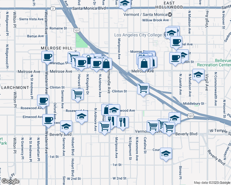 map of restaurants, bars, coffee shops, grocery stores, and more near 606 North Mariposa Avenue in Los Angeles