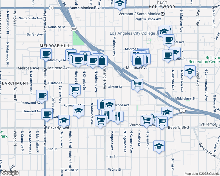 map of restaurants, bars, coffee shops, grocery stores, and more near 606 North Mariposa Avenue in Los Angeles