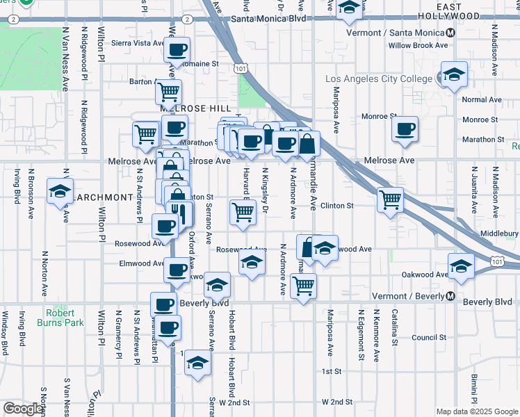 map of restaurants, bars, coffee shops, grocery stores, and more near 555 North Kingsley Drive in Los Angeles