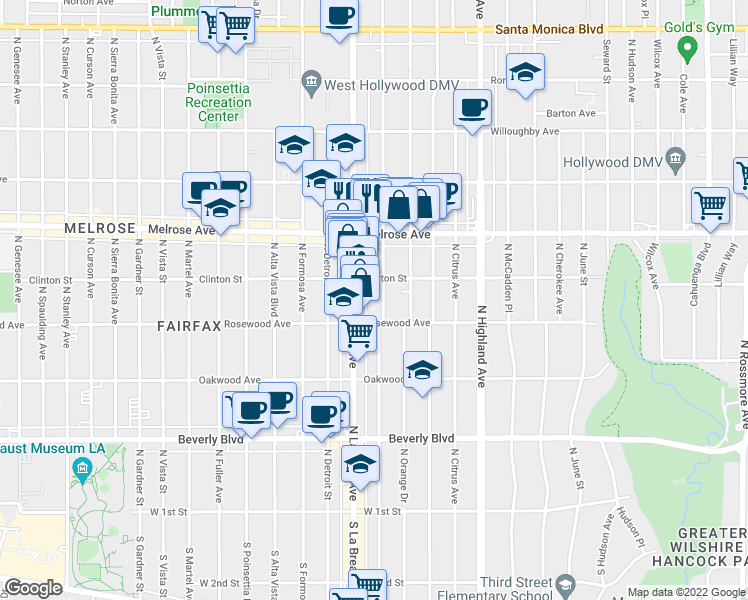 map of restaurants, bars, coffee shops, grocery stores, and more near 540 North Sycamore Avenue in Los Angeles