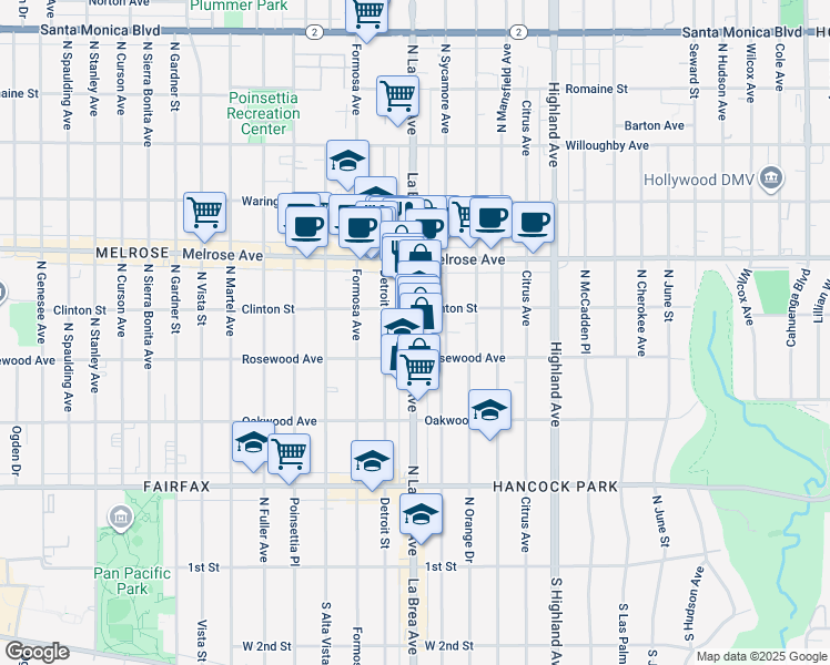 map of restaurants, bars, coffee shops, grocery stores, and more near 561 North La Brea Avenue in Los Angeles