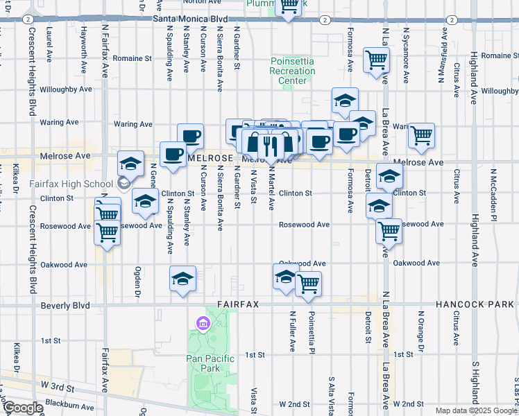map of restaurants, bars, coffee shops, grocery stores, and more near 543 North Martel Avenue in Los Angeles