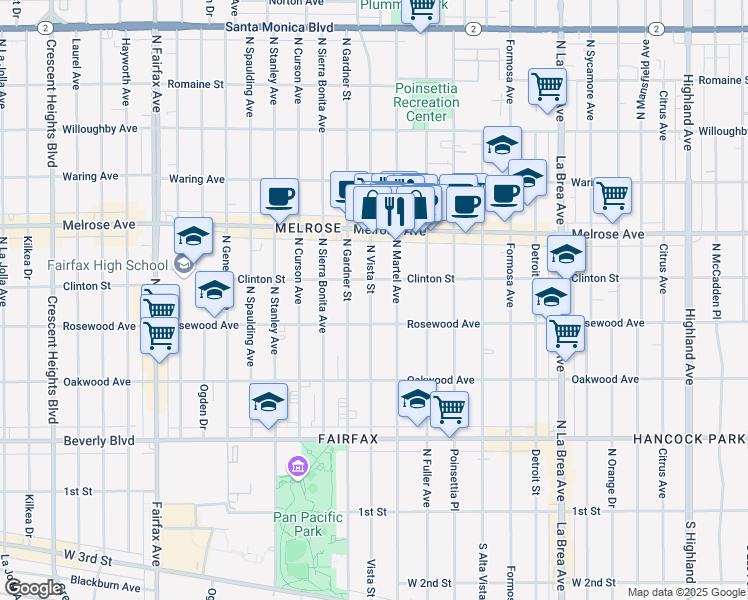 map of restaurants, bars, coffee shops, grocery stores, and more near 543 North Martel Avenue in Los Angeles