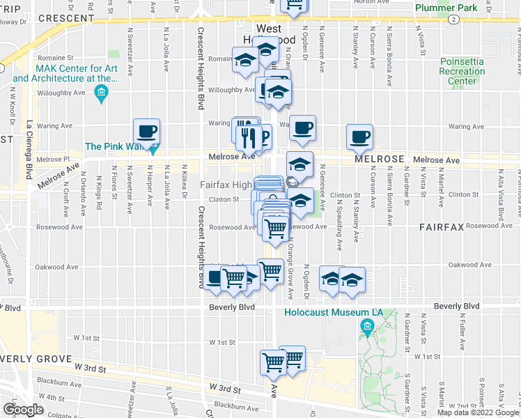 map of restaurants, bars, coffee shops, grocery stores, and more near 543 North Fairfax Avenue in Los Angeles