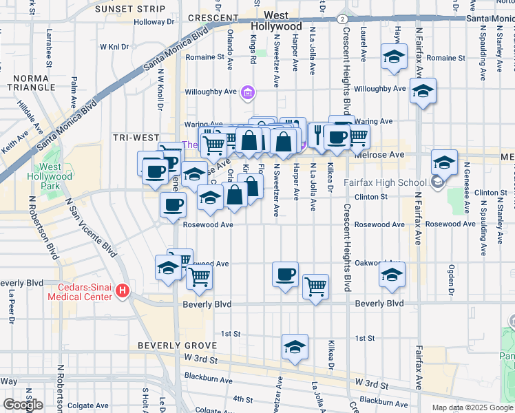 map of restaurants, bars, coffee shops, grocery stores, and more near 546 North Flores Street in West Hollywood