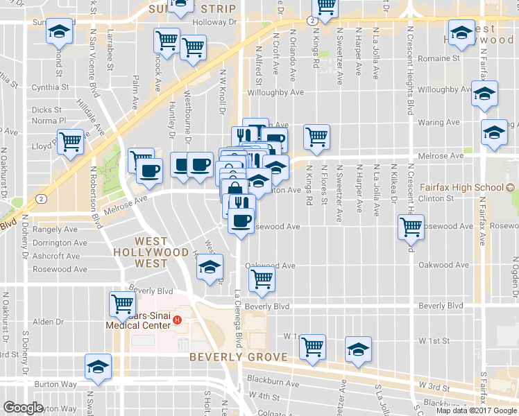 map of restaurants, bars, coffee shops, grocery stores, and more near in West Hollywood