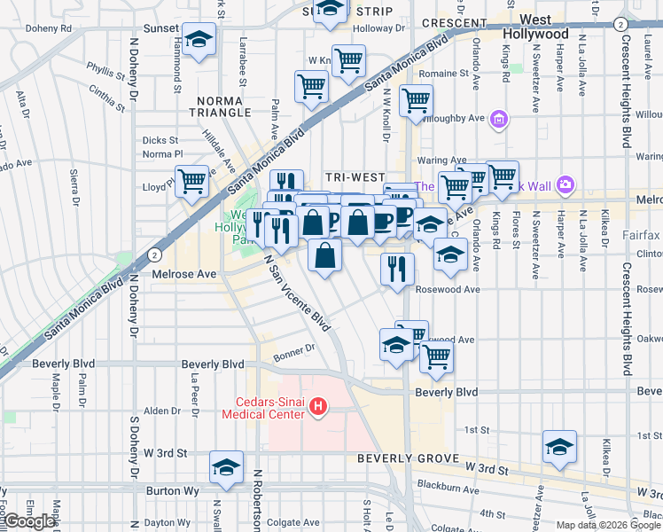 map of restaurants, bars, coffee shops, grocery stores, and more near 573 Westbourne Drive in West Hollywood