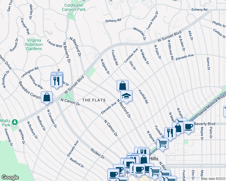 map of restaurants, bars, coffee shops, grocery stores, and more near 711 North Alpine Drive in Beverly Hills