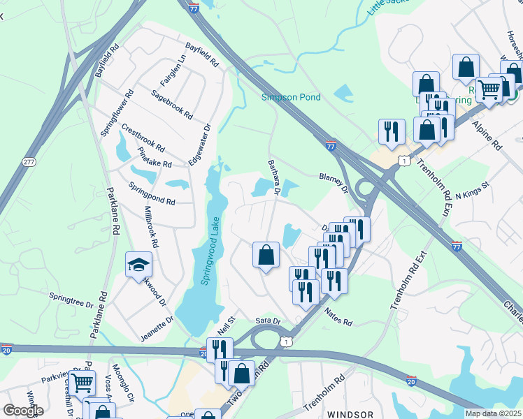 map of restaurants, bars, coffee shops, grocery stores, and more near 1728 Springwoods Lake Drive in Columbia
