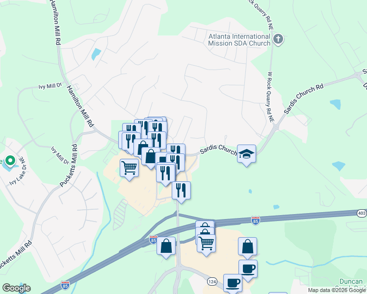 map of restaurants, bars, coffee shops, grocery stores, and more near 2718 Sardis Chase Court in Buford