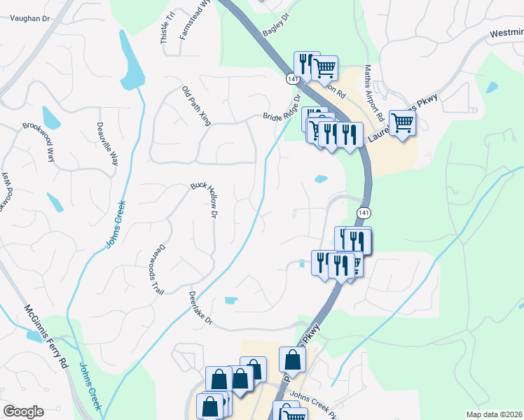 map of restaurants, bars, coffee shops, grocery stores, and more near 3825 Secretariat Court in Suwanee