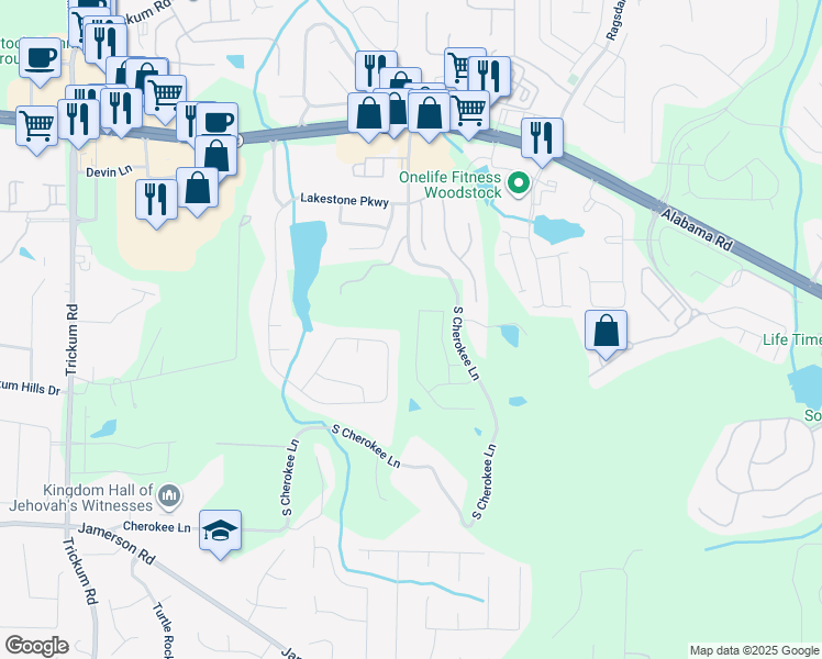 map of restaurants, bars, coffee shops, grocery stores, and more near 298 Tillman Pass in Woodstock
