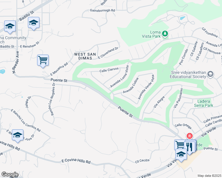 map of restaurants, bars, coffee shops, grocery stores, and more near 1656 Avenida Loma Vista in San Dimas