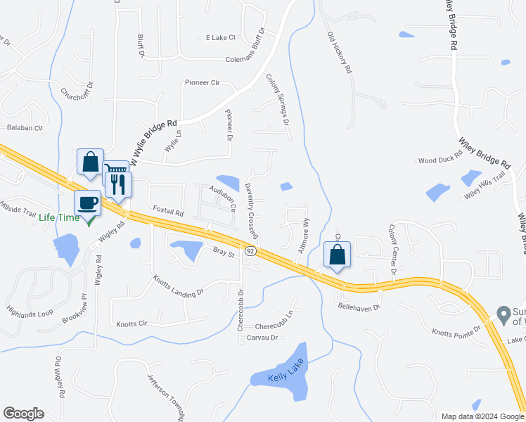 map of restaurants, bars, coffee shops, grocery stores, and more near 209 Daventry Way in Woodstock