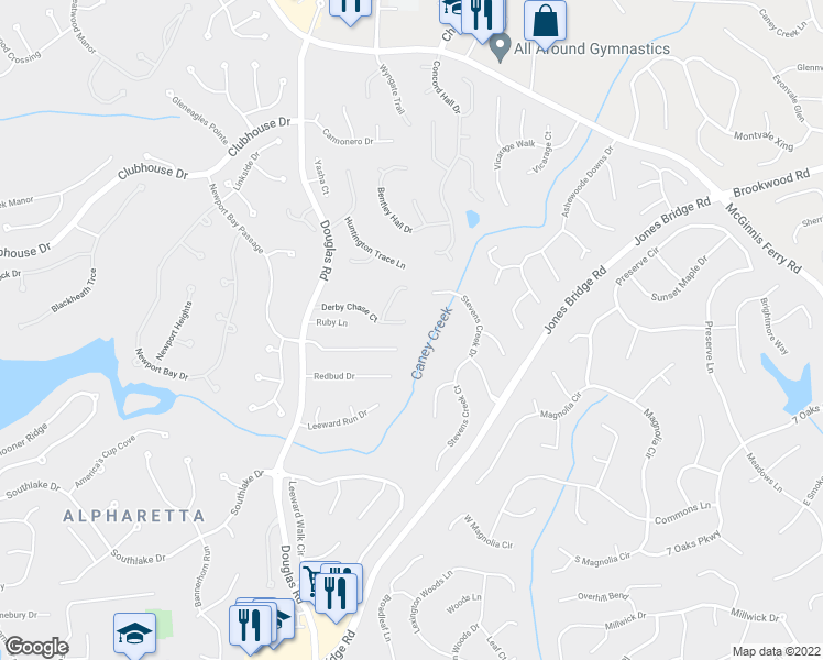 map of restaurants, bars, coffee shops, grocery stores, and more near 5465 Derby Chase Court in Alpharetta