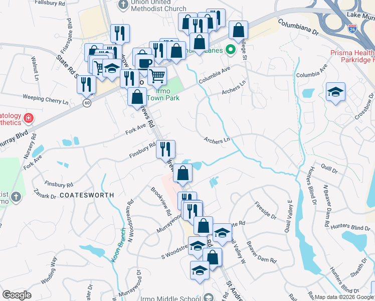 map of restaurants, bars, coffee shops, grocery stores, and more near 7182 Saint Andrews Road in Columbia