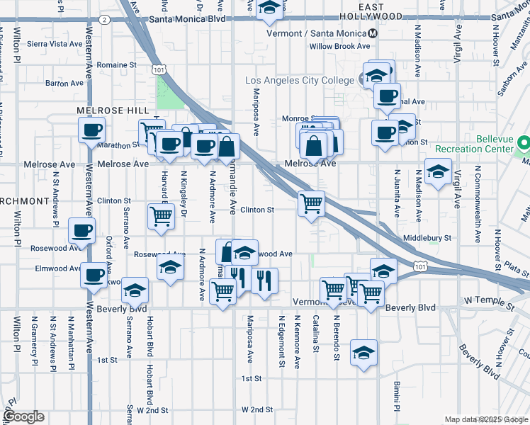map of restaurants, bars, coffee shops, grocery stores, and more near 606 North Mariposa Avenue in Los Angeles