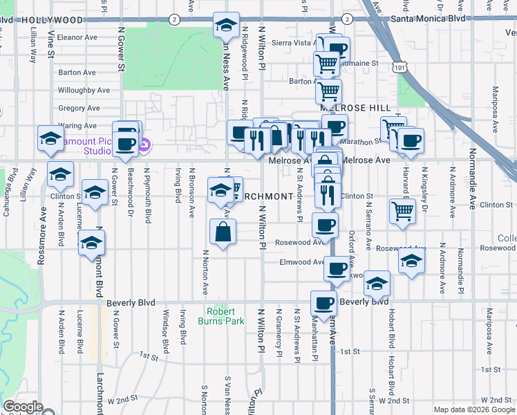 map of restaurants, bars, coffee shops, grocery stores, and more near 525 Wilton Place in Los Angeles